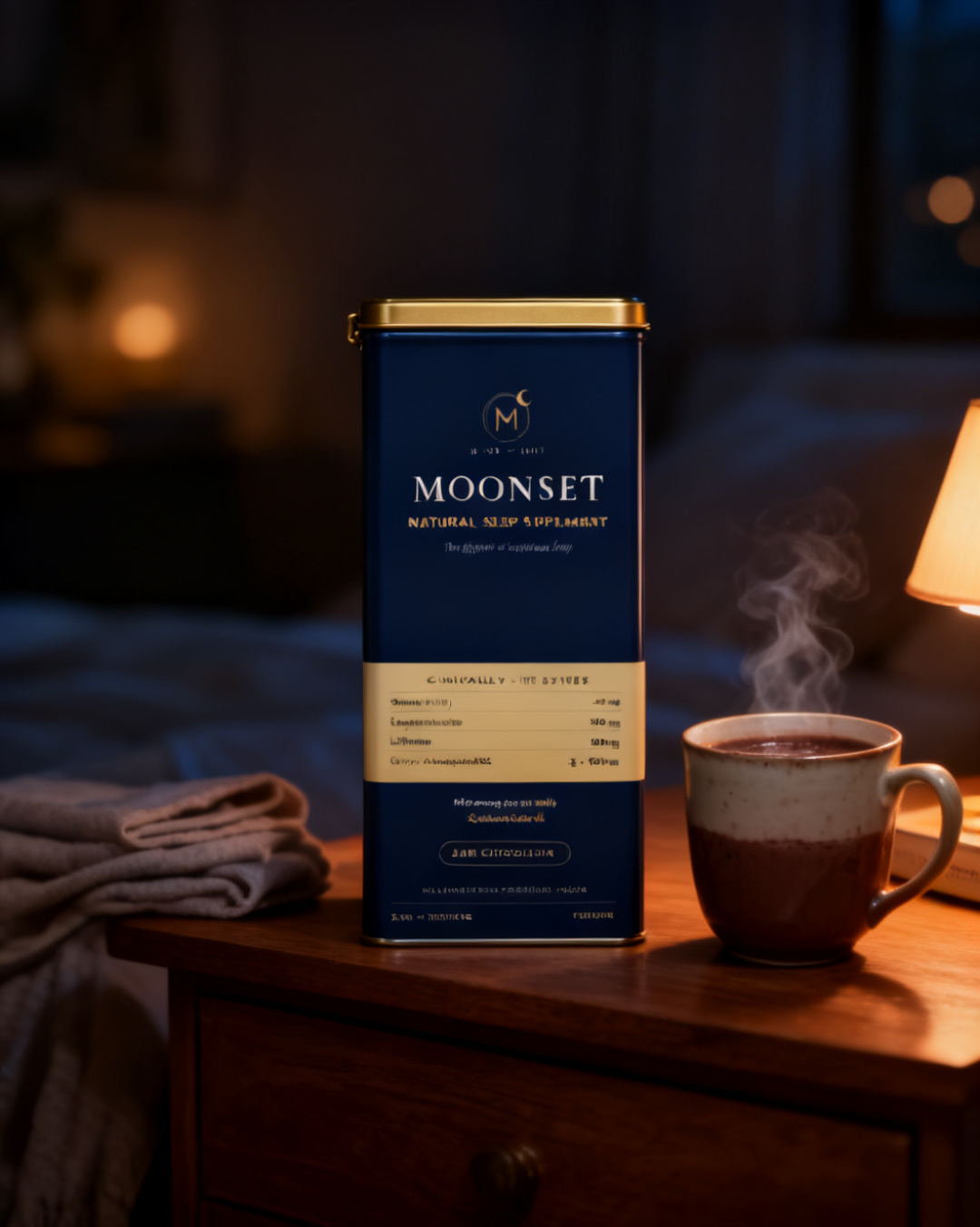 MOONSET tin on a nightstand beside a warm mug at night