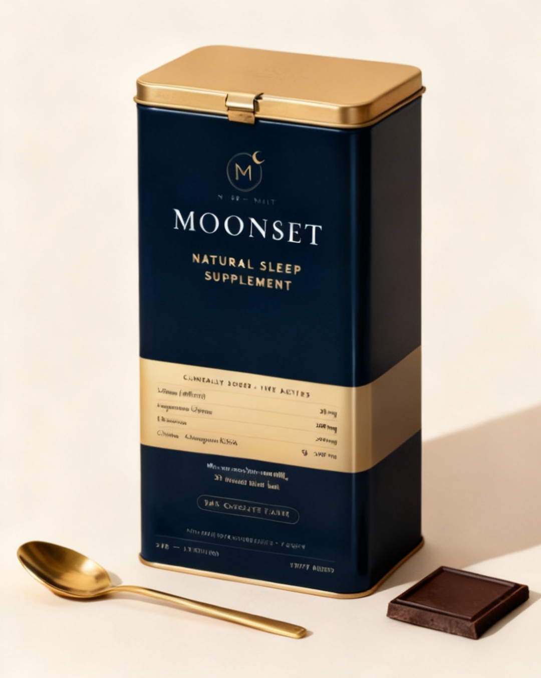MOONSET natural sleep supplement — navy tin with gold lid