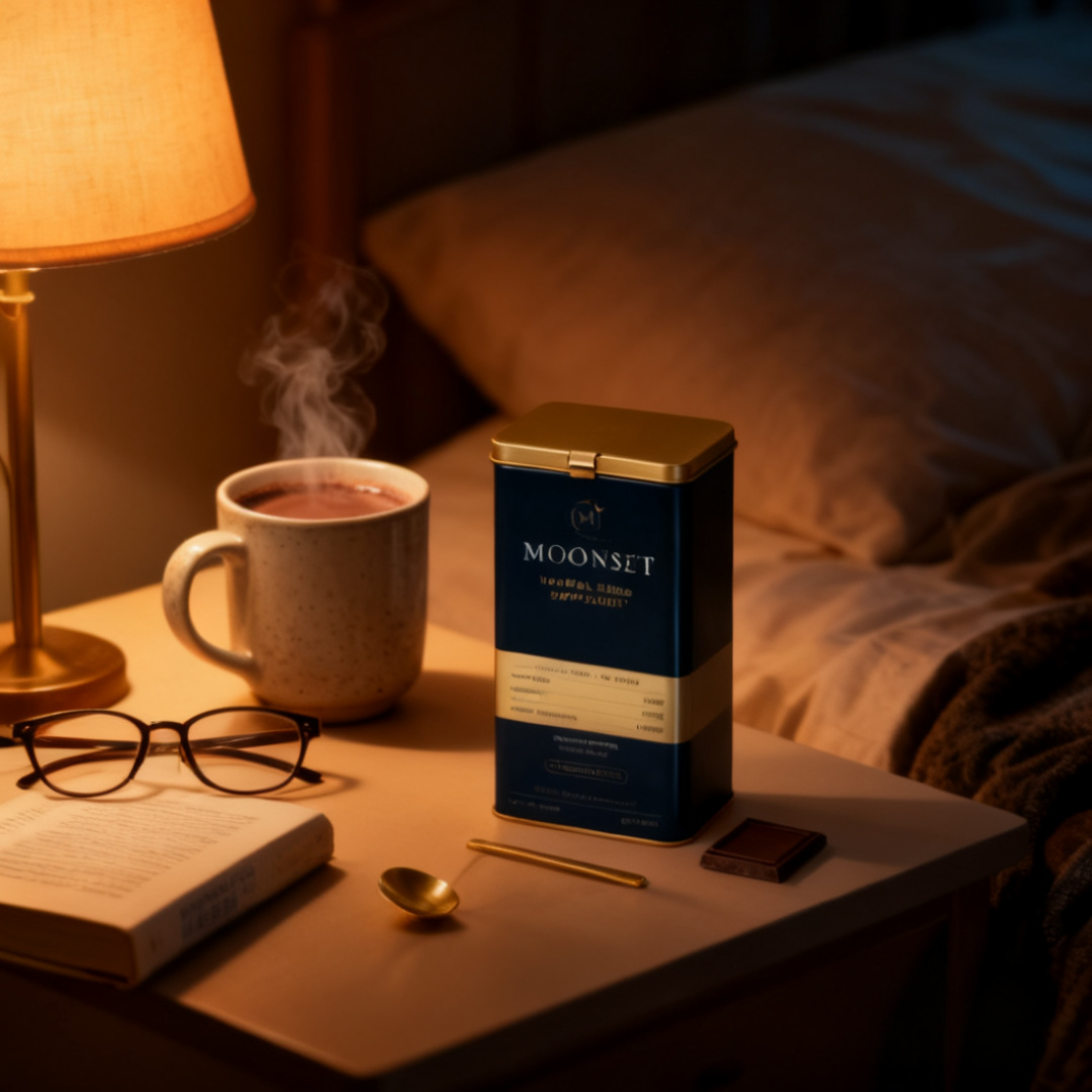 MOONSET tin on a bedside table at night